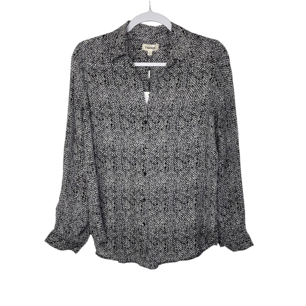 L'agence Nina Long Sleeve Silk Print Blouse Shirt Ivory and Black NWT